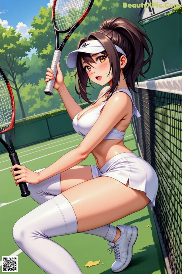 A woman holding a tennis racket on a tennis court.