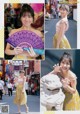 A collage of photos of a woman holding a fan.