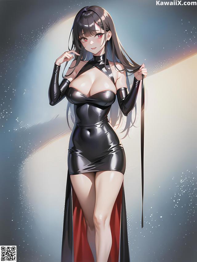 A woman in a black dress and a red cape.