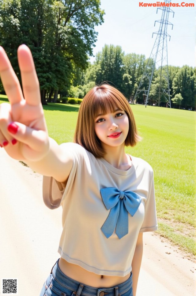 A young woman in a white shirt and blue bow tie.