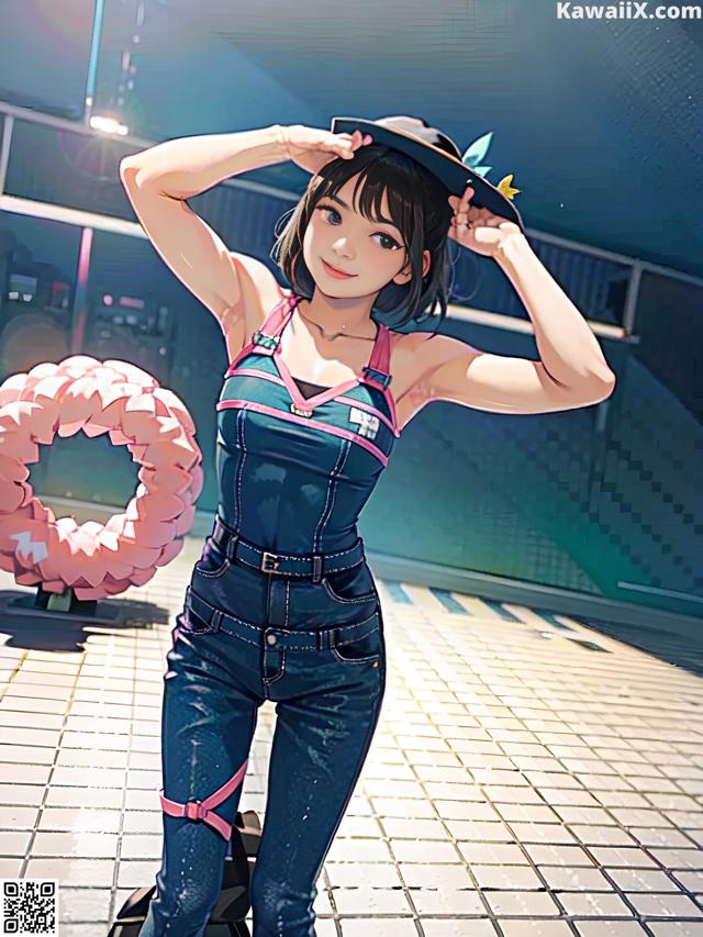 A woman in overalls and a hat posing for a picture.