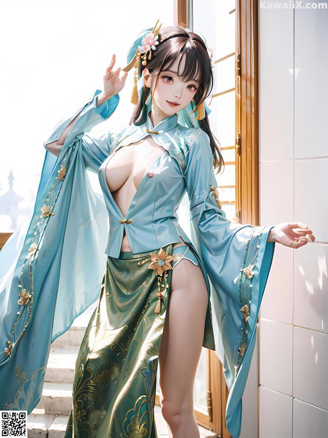 A woman in a blue and green kimono posing for a picture.